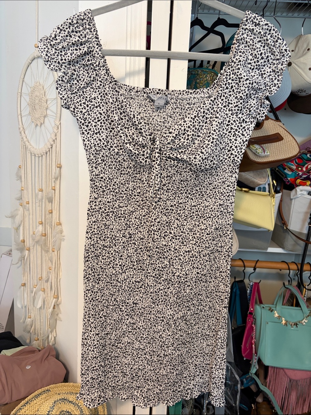 Black & White Leopard Printed Mini Smocked Dress with Puff Sleeves & Keyhole